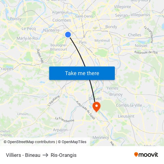 Villiers - Bineau to Ris-Orangis map