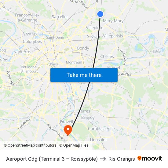 Aéroport Cdg (Terminal 3 – Roissypôle) to Ris-Orangis map