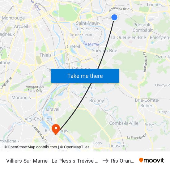 Villiers-Sur-Marne - Le Plessis-Trévise RER to Ris-Orangis map