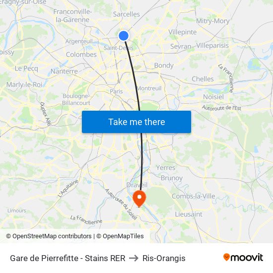 Gare de Pierrefitte - Stains RER to Ris-Orangis map