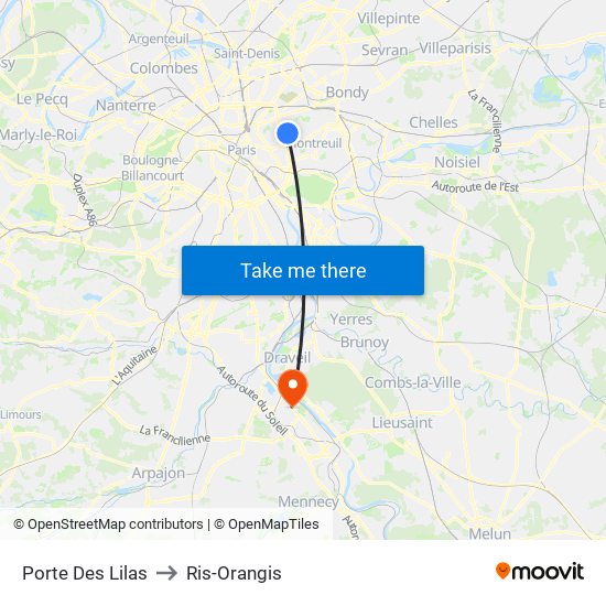 Porte Des Lilas to Ris-Orangis map