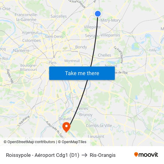 Roissypole - Aéroport Cdg1 (D1) to Ris-Orangis map