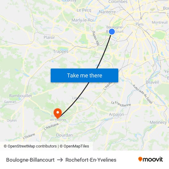 Boulogne-Billancourt to Rochefort-En-Yvelines map