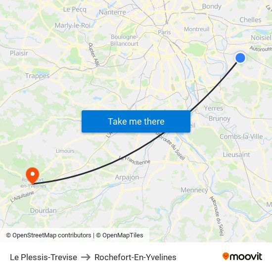 Le Plessis-Trevise to Rochefort-En-Yvelines map