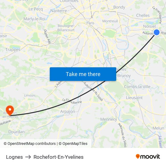 Lognes to Rochefort-En-Yvelines map