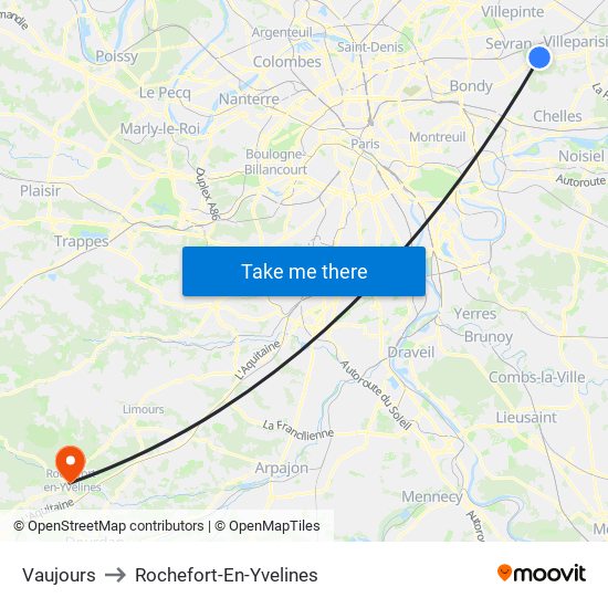Vaujours to Rochefort-En-Yvelines map