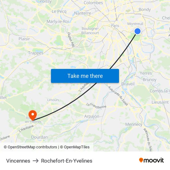 Vincennes to Rochefort-En-Yvelines map