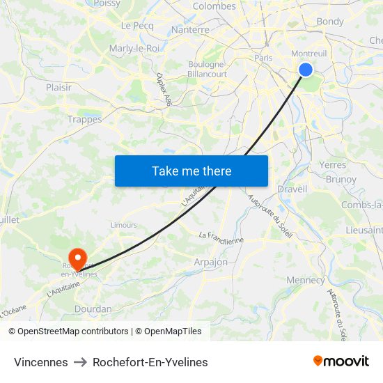 Vincennes to Rochefort-En-Yvelines map