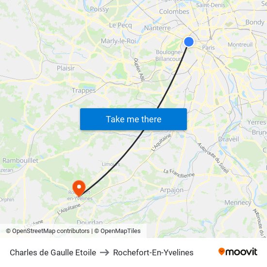Charles de Gaulle Etoile to Rochefort-En-Yvelines map
