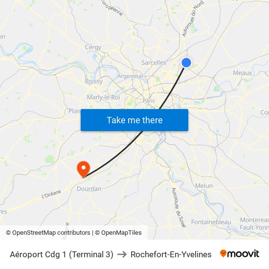 Aéroport Cdg 1 (Terminal 3) to Rochefort-En-Yvelines map