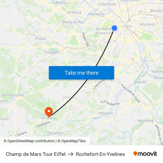 Champ de Mars Tour Eiffel to Rochefort-En-Yvelines map