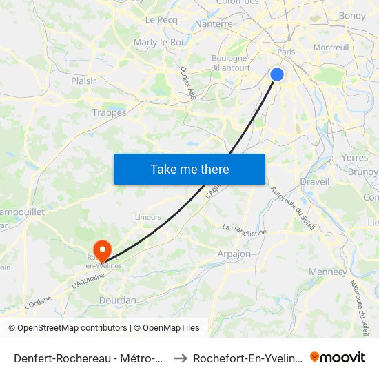 Denfert-Rochereau - Métro-Rer to Rochefort-En-Yvelines map