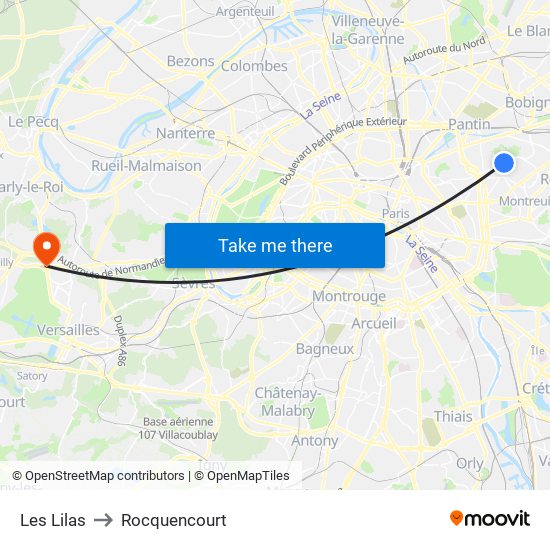 Les Lilas to Rocquencourt map