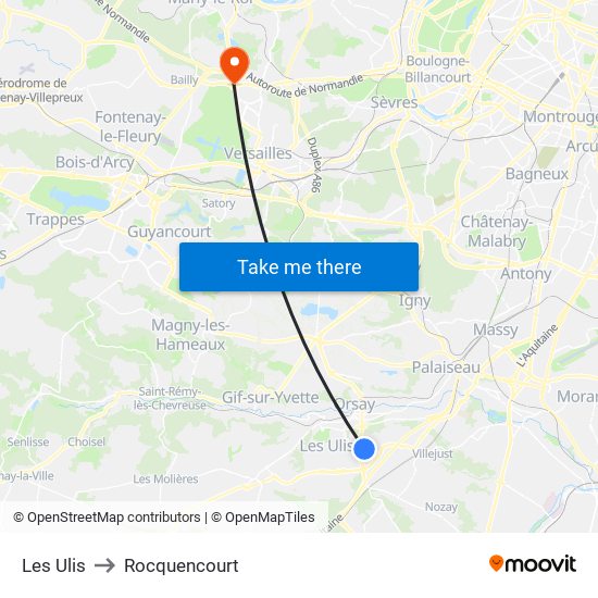 Les Ulis to Rocquencourt map
