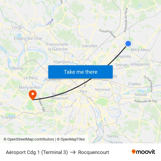 Aéroport Cdg 1 (Terminal 3) to Rocquencourt map