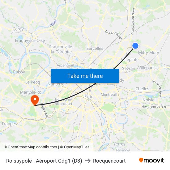 Roissypole - Aéroport Cdg1 (D3) to Rocquencourt map