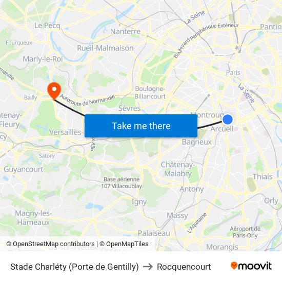 Stade Charléty (Porte de Gentilly) to Rocquencourt map