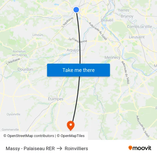Massy - Palaiseau RER to Roinvilliers map