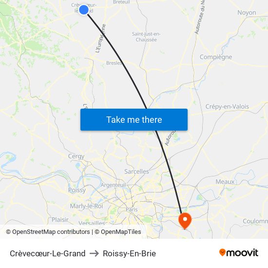 Crèvecœur-Le-Grand to Roissy-En-Brie map