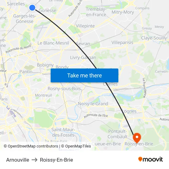 Arnouville to Roissy-En-Brie map