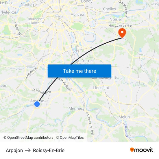 Arpajon to Roissy-En-Brie map