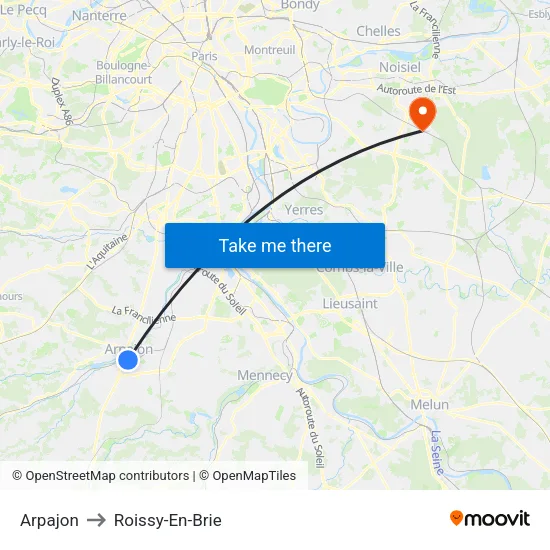 Arpajon to Roissy-En-Brie map