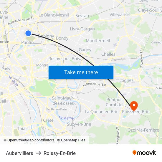 Aubervilliers to Roissy-En-Brie map