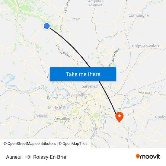 Auneuil to Roissy-En-Brie map