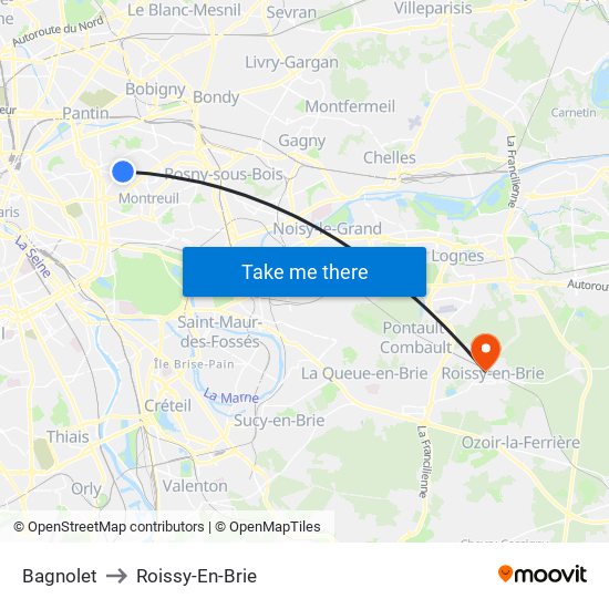 Bagnolet to Roissy-En-Brie map