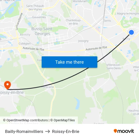 Bailly-Romainvilliers to Roissy-En-Brie map