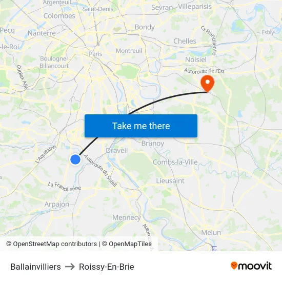 Ballainvilliers to Roissy-En-Brie map