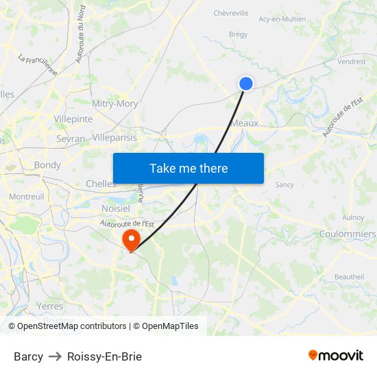Barcy to Roissy-En-Brie map