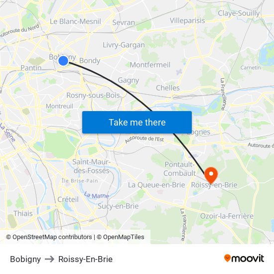 Bobigny to Roissy-En-Brie map