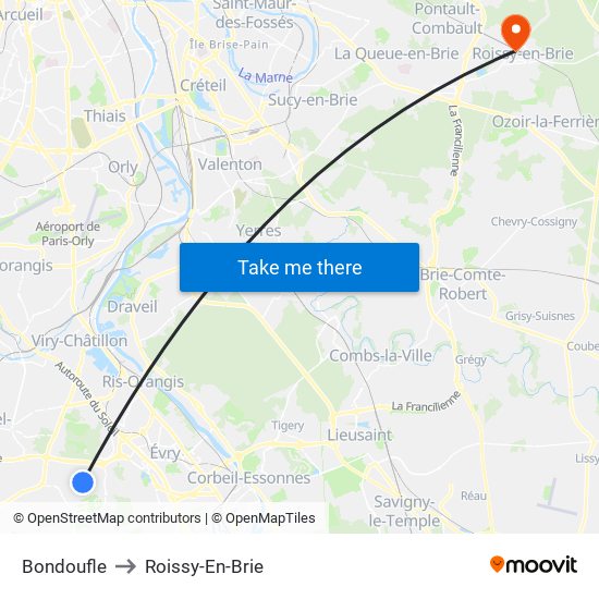 Bondoufle to Roissy-En-Brie map