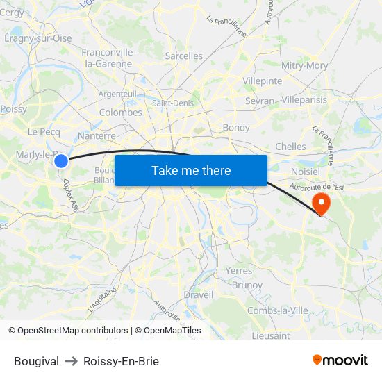 Bougival to Roissy-En-Brie map
