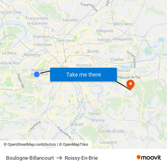 Boulogne-Billancourt to Roissy-En-Brie map