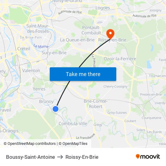 Boussy-Saint-Antoine to Roissy-En-Brie map