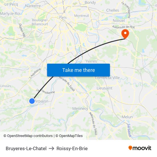 Bruyeres-Le-Chatel to Roissy-En-Brie map