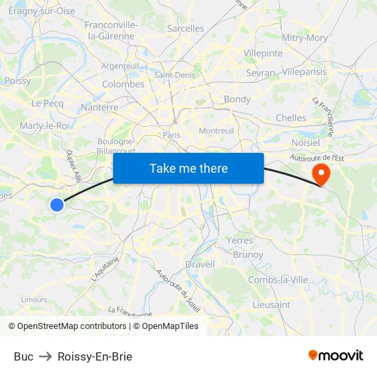 Buc to Roissy-En-Brie map