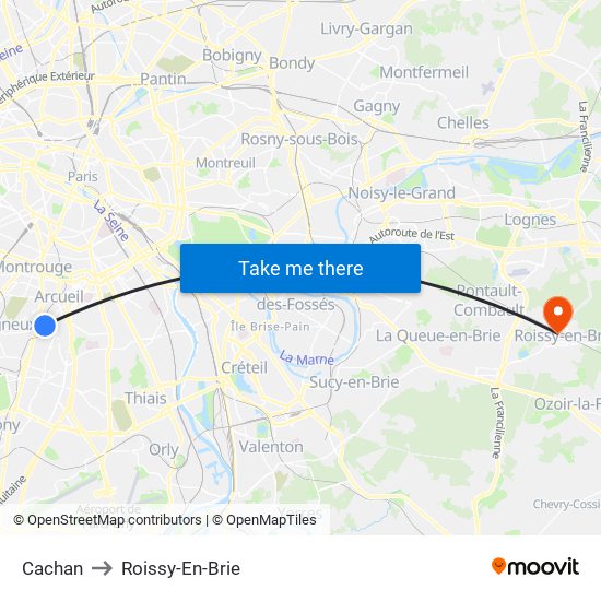 Cachan to Roissy-En-Brie map