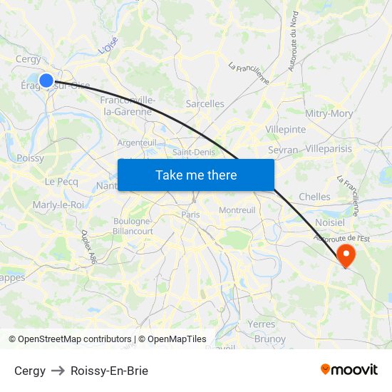 Cergy to Roissy-En-Brie map