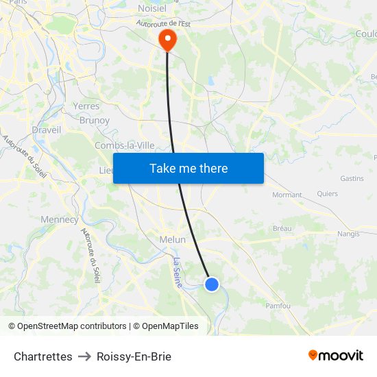 Chartrettes to Roissy-En-Brie map