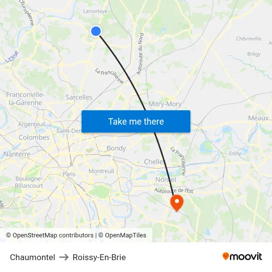 Chaumontel to Roissy-En-Brie map