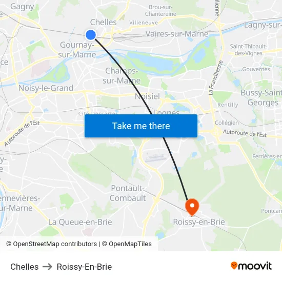 Chelles to Roissy-En-Brie map