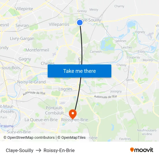 Claye-Souilly to Roissy-En-Brie map