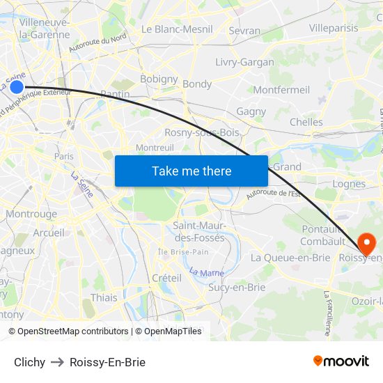 Clichy to Roissy-En-Brie map