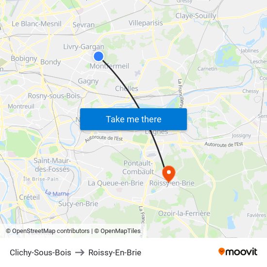 Clichy-Sous-Bois to Roissy-En-Brie map