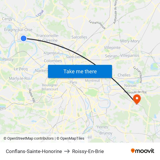 Conflans-Sainte-Honorine to Roissy-En-Brie map