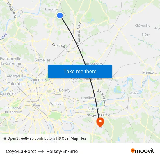Coye-La-Foret to Roissy-En-Brie map