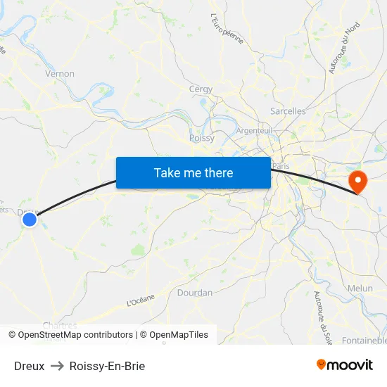 Dreux to Roissy-En-Brie map